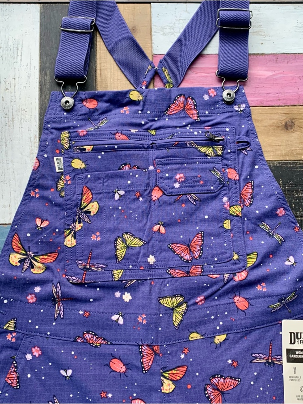 NWT Duluth Medium Heirloom Gardening Convertible Overalls Indigo Backyard Bugs - Picture 2 of 11